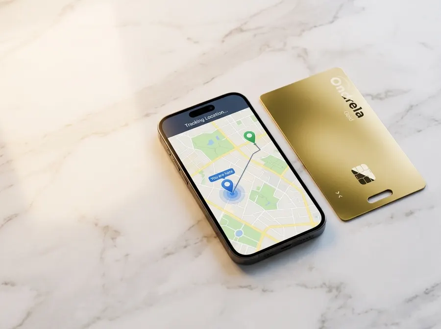 Cart&atilde;o localizador Ondrela dourado ao lado de um telem&oacute;vel a mostrar a sua posi&ccedil;&atilde;o num mapa
