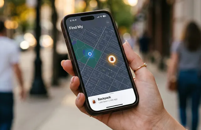 M&atilde;o a segurar um telem&oacute;vel que mostra a posi&ccedil;&atilde;o de um localizador num mapa de cidade
